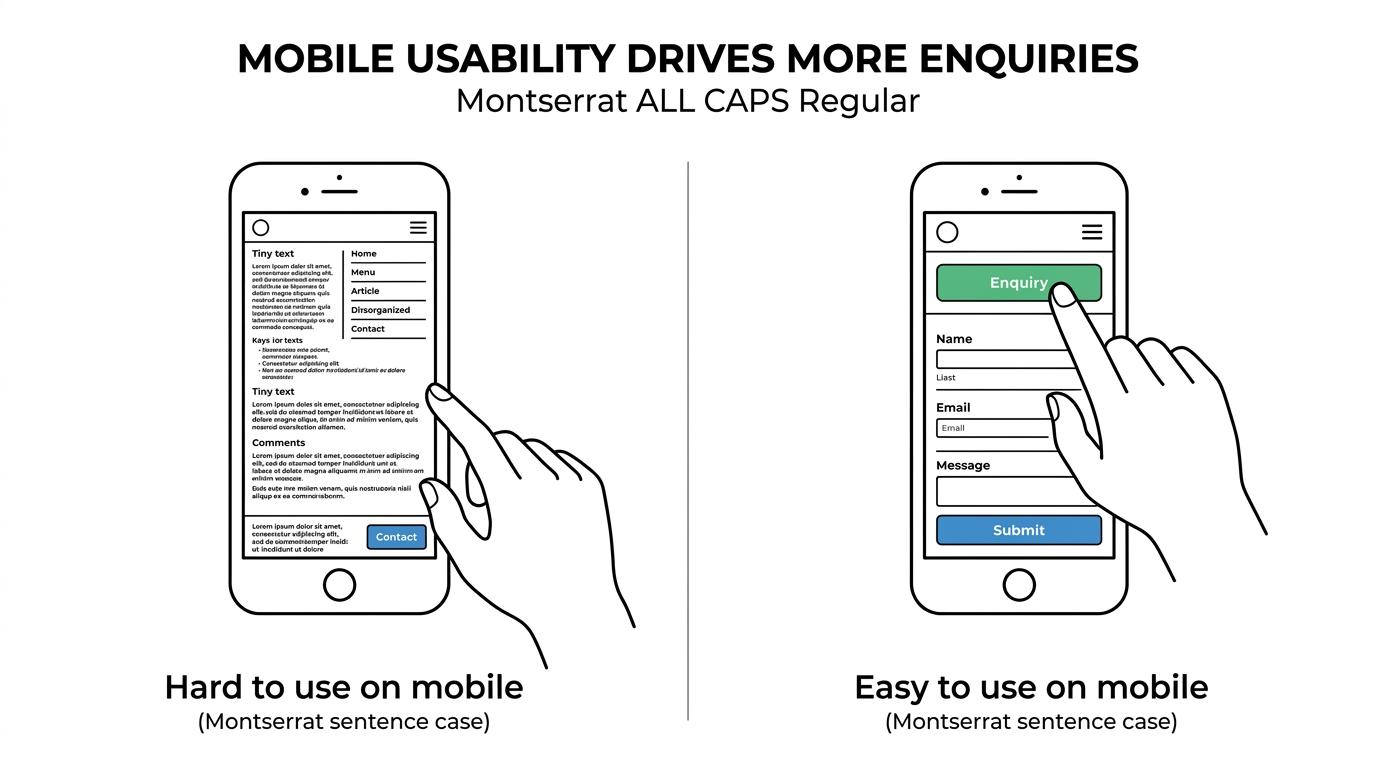 Side-by-side mobile website screens showing a cluttered, hard-to-use layout next to a clean responsive design with clear navigation and a visible enquiry button.