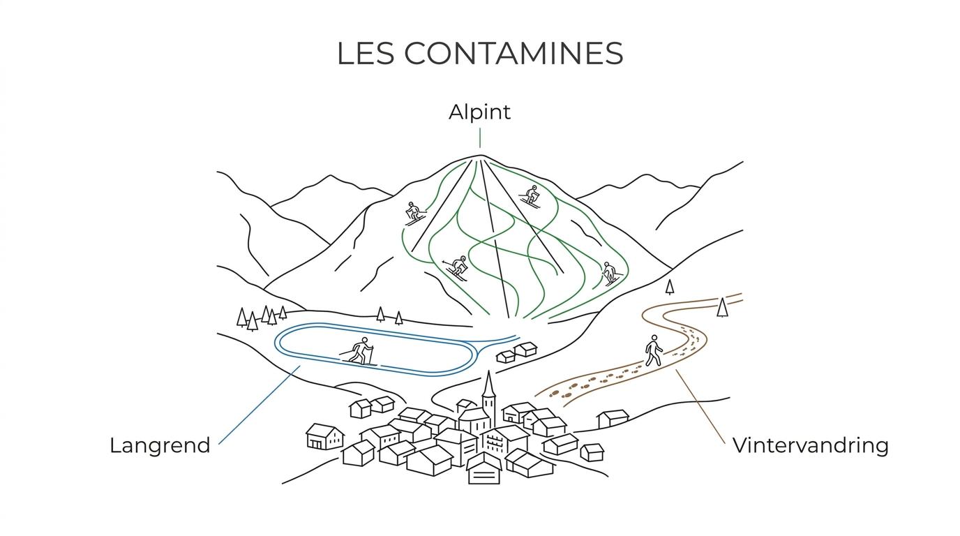 Labeled overview of Les Contamines showing alpine terrain, nordic area, beginner zones, three access points, and altitude range.