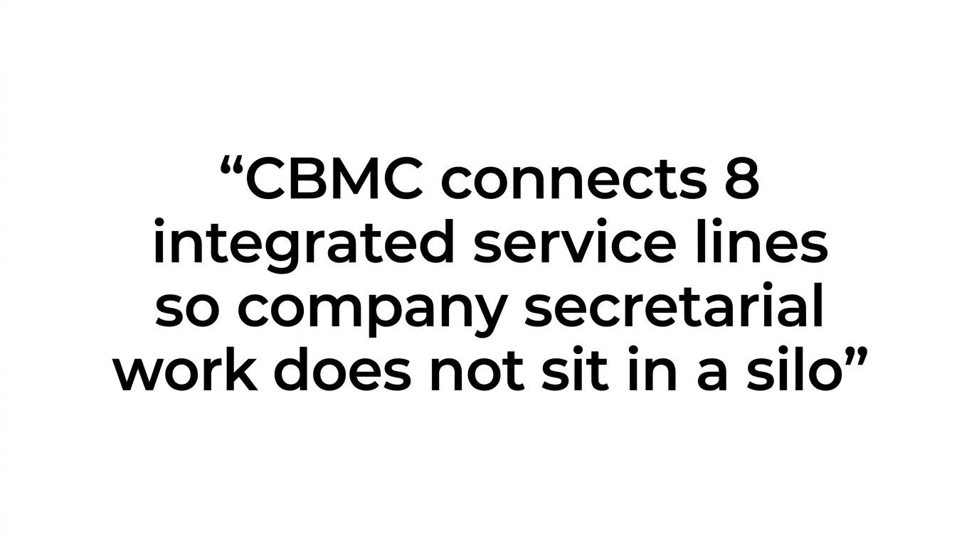 Highlighted quote stating that CBMC connects 8 integrated service lines so company secretarial work does not sit in a silo.