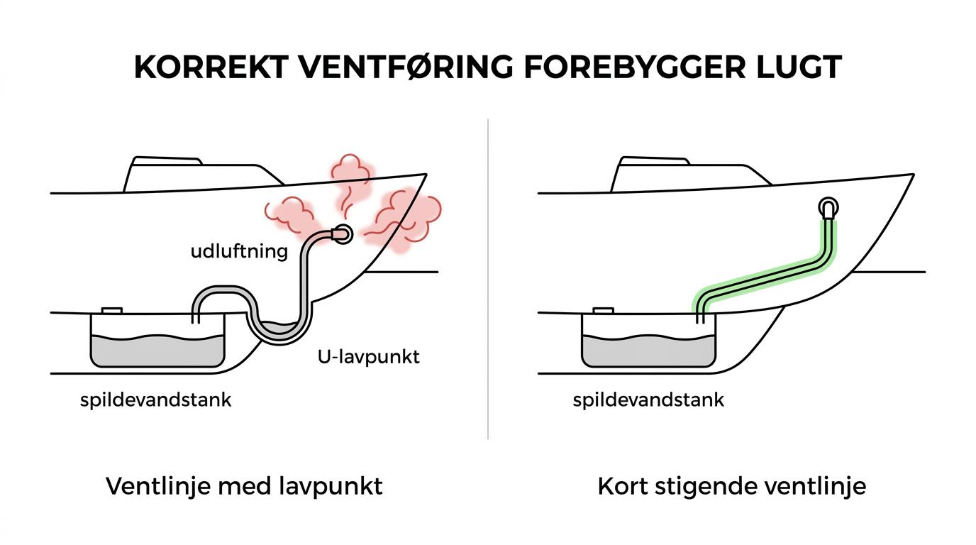 Side om side-visning af en spildevandstank med korrekt stigende ventlinje og en forkert ventlinje med lavpunkt, væskeophobning og lavt placeret udluftning.