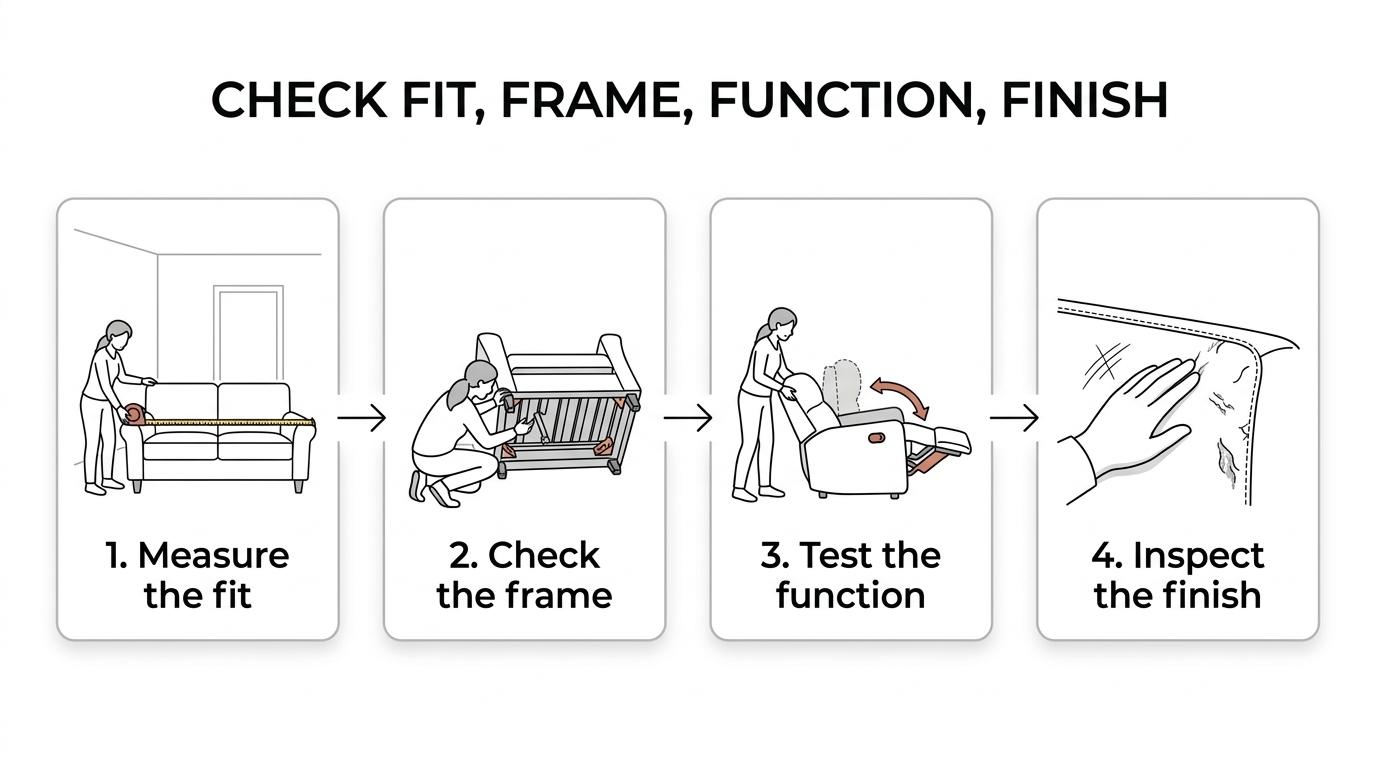 Four-step furniture inspection sequence showing room measuring, checking frame support, testing moving parts, and examining fabric and finish.