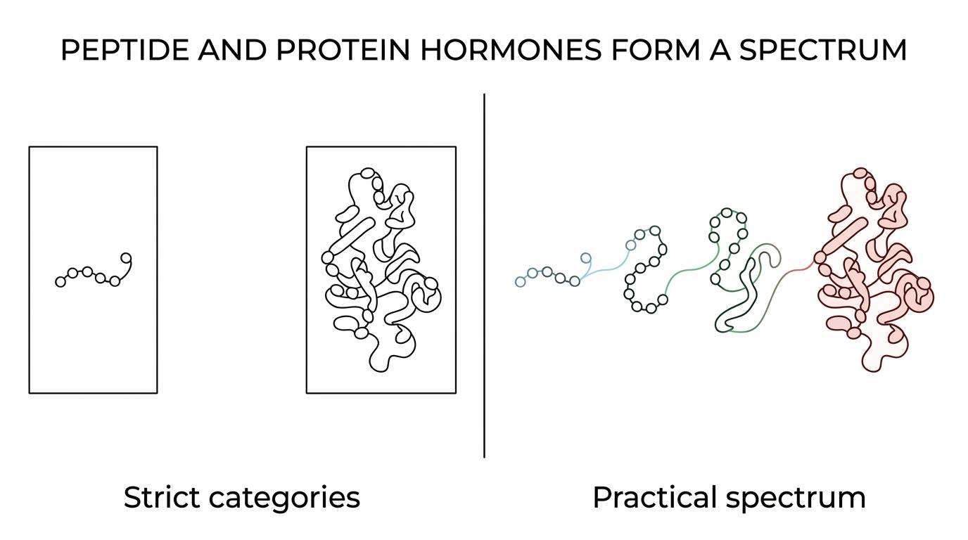Side-by-side comparison of typical peptide hormone traits and protein hormone traits with insulin shown near the boundary.