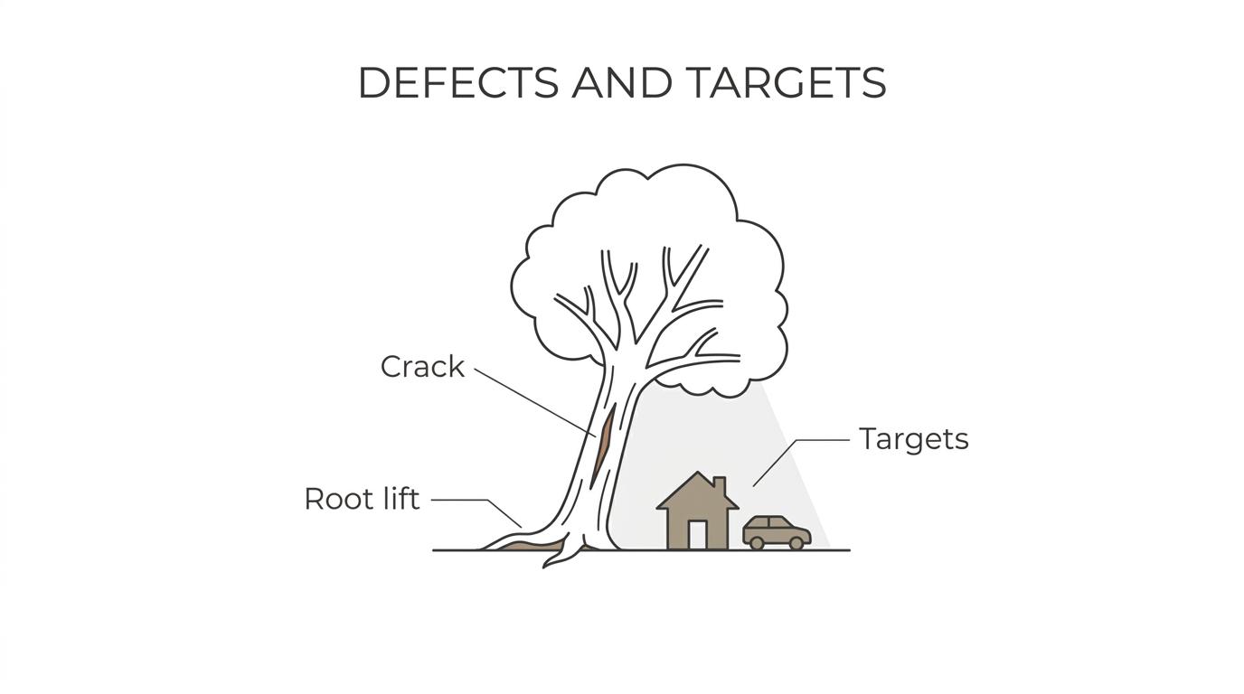 Labeled tree showing dead limbs, trunk crack, root lift, lean, and nearby house, driveway, and power line within the fall zone.