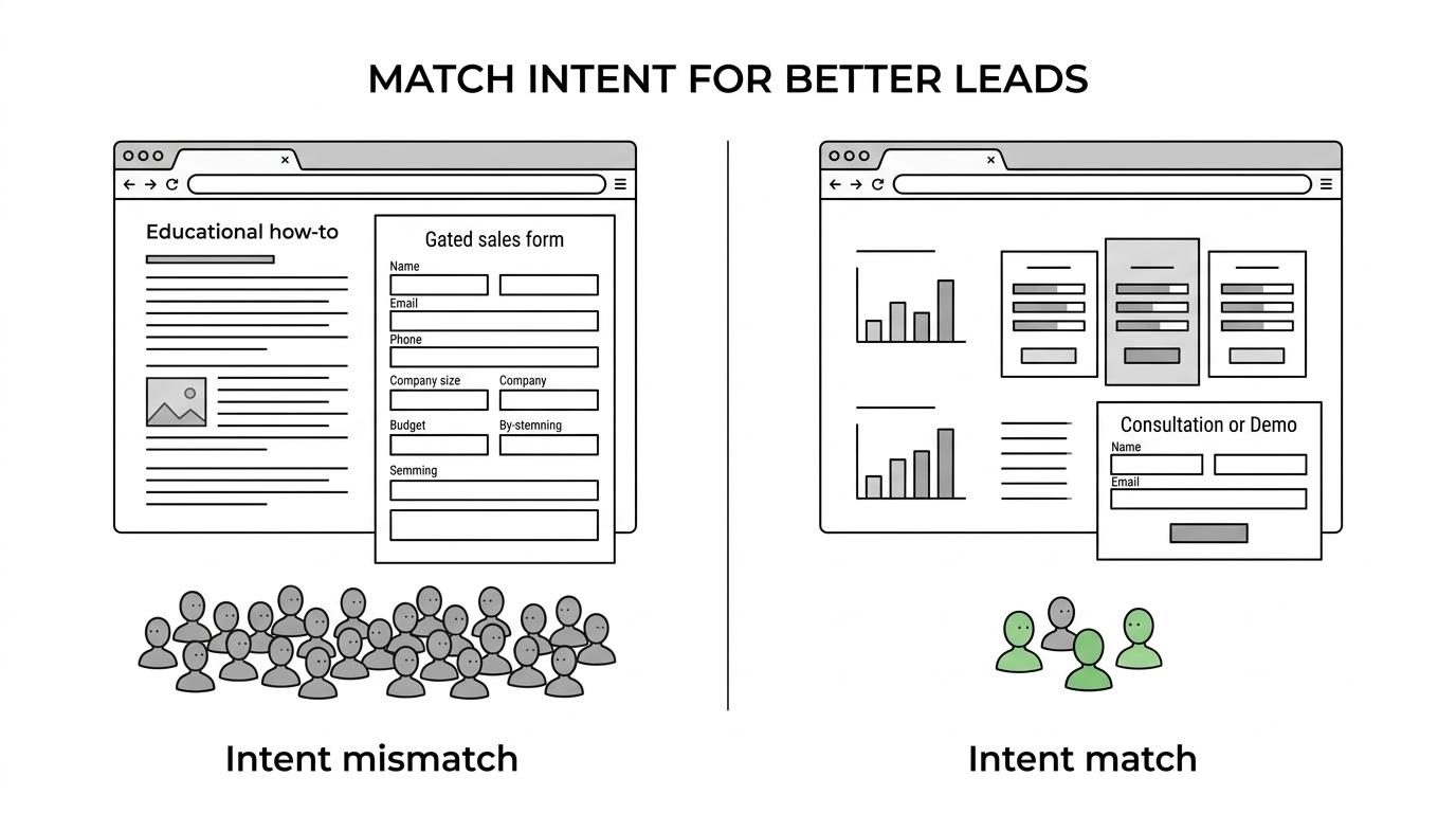 Side-by-side comparison of informational content and transactional content, with different CTAs, metrics, and expected lead quality outcomes.