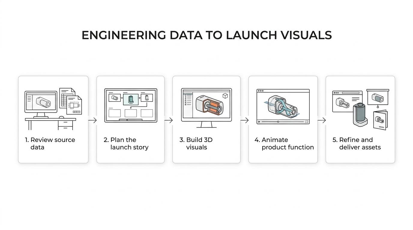 A staged workflow showing CAD files and engineering references moving through story planning, modeling, animation, review, and final product launch assets.