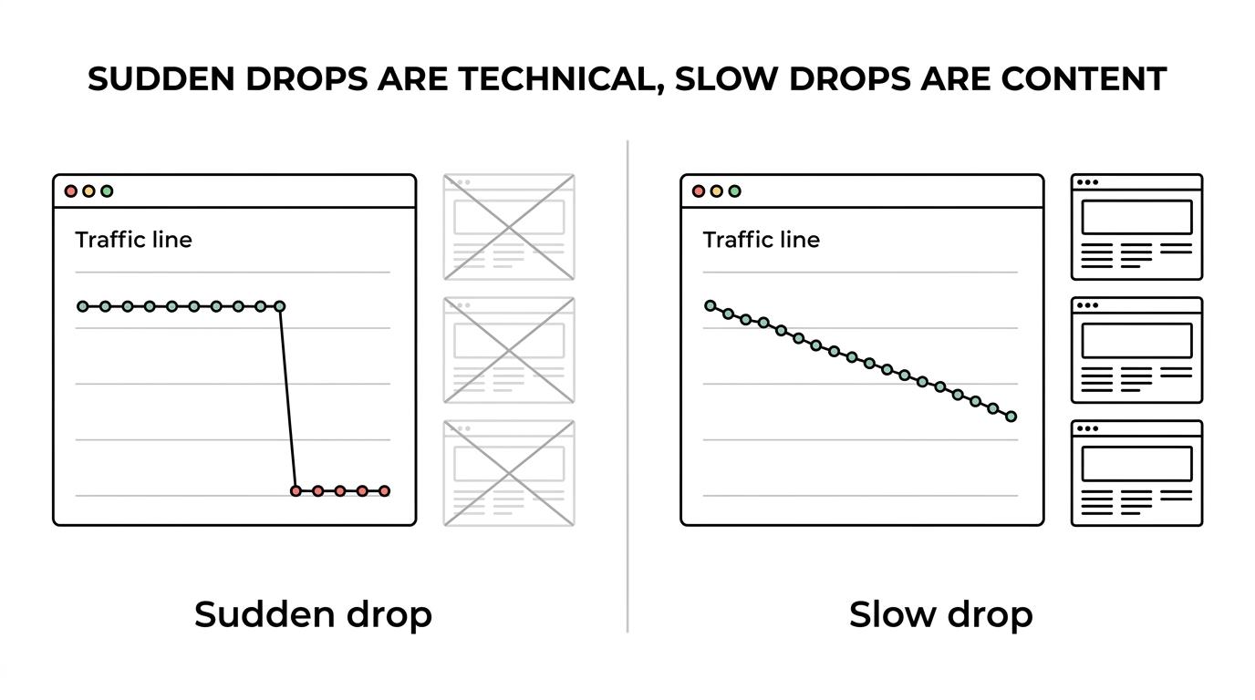 Side-by-side comparison of a traffic drop caused by technical SEO issues versus one caused by content or competition, with clues like deployment timing, indexing changes, and affected page patterns.