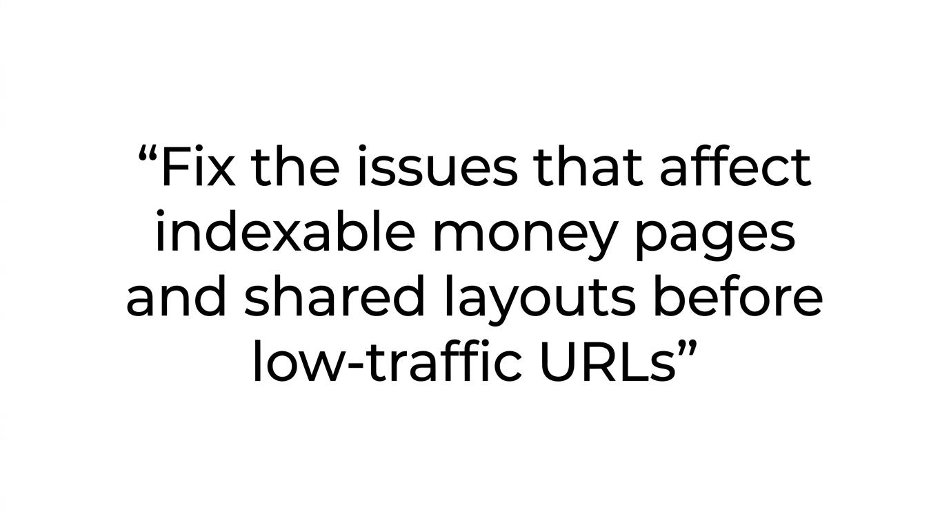 Highlighted quote emphasizing that indexable revenue pages and shared templates should be fixed before low-traffic URLs.