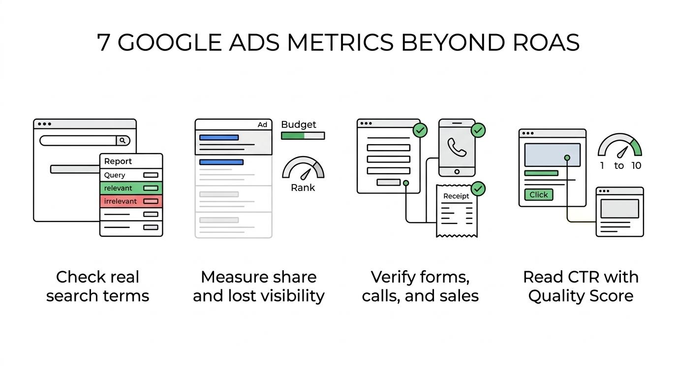 Seven labeled Google Ads audit metrics: search-term quality, impression share, lost impression share by budget and rank, conversion tracking accuracy, CTR, and Quality Score.