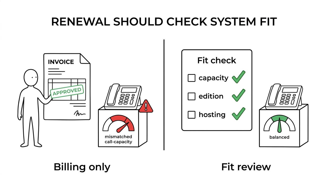 Side-by-side visual comparing a simple 3CX license renewal with a renewal review covering capacity, edition, hosting, and risk.