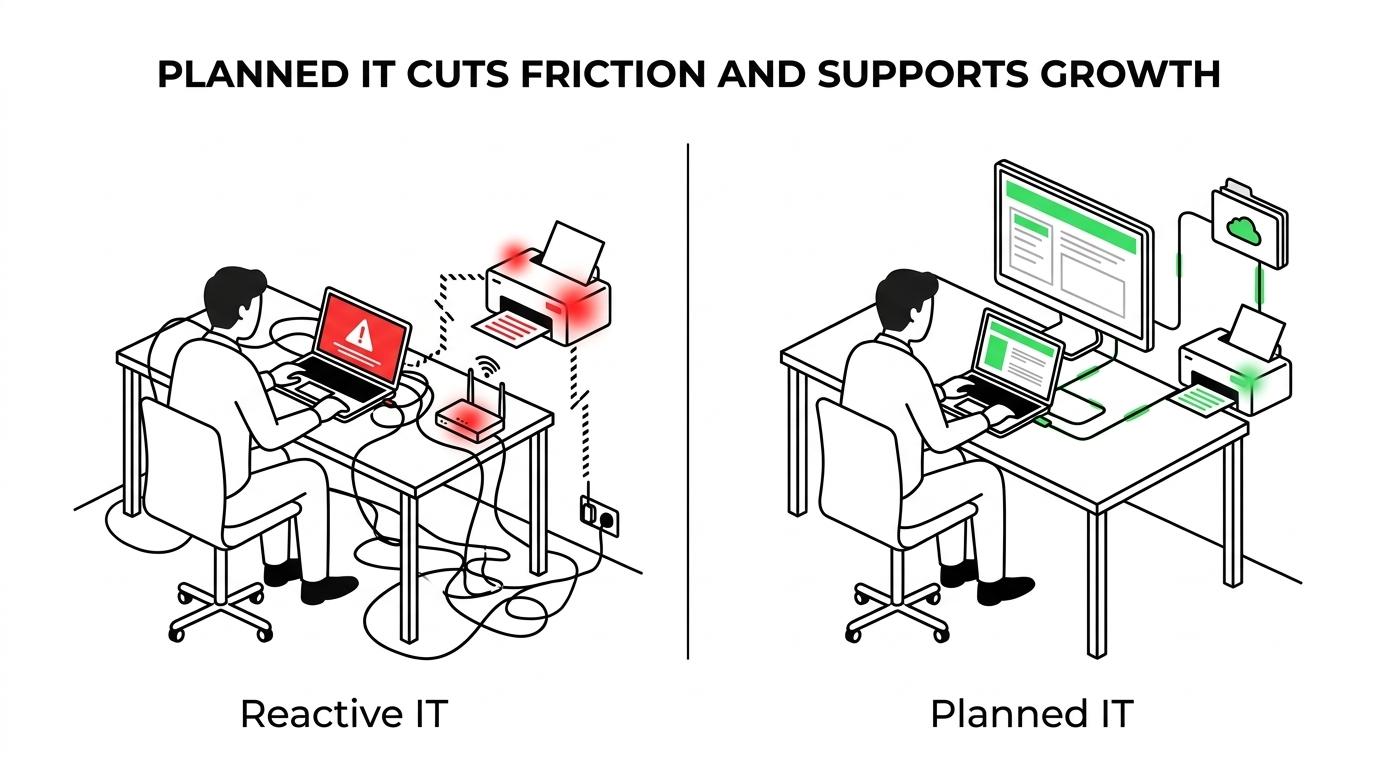 Side-by-side comparison of a growing small business with reactive IT problems versus one with standardized, consulting-led systems.