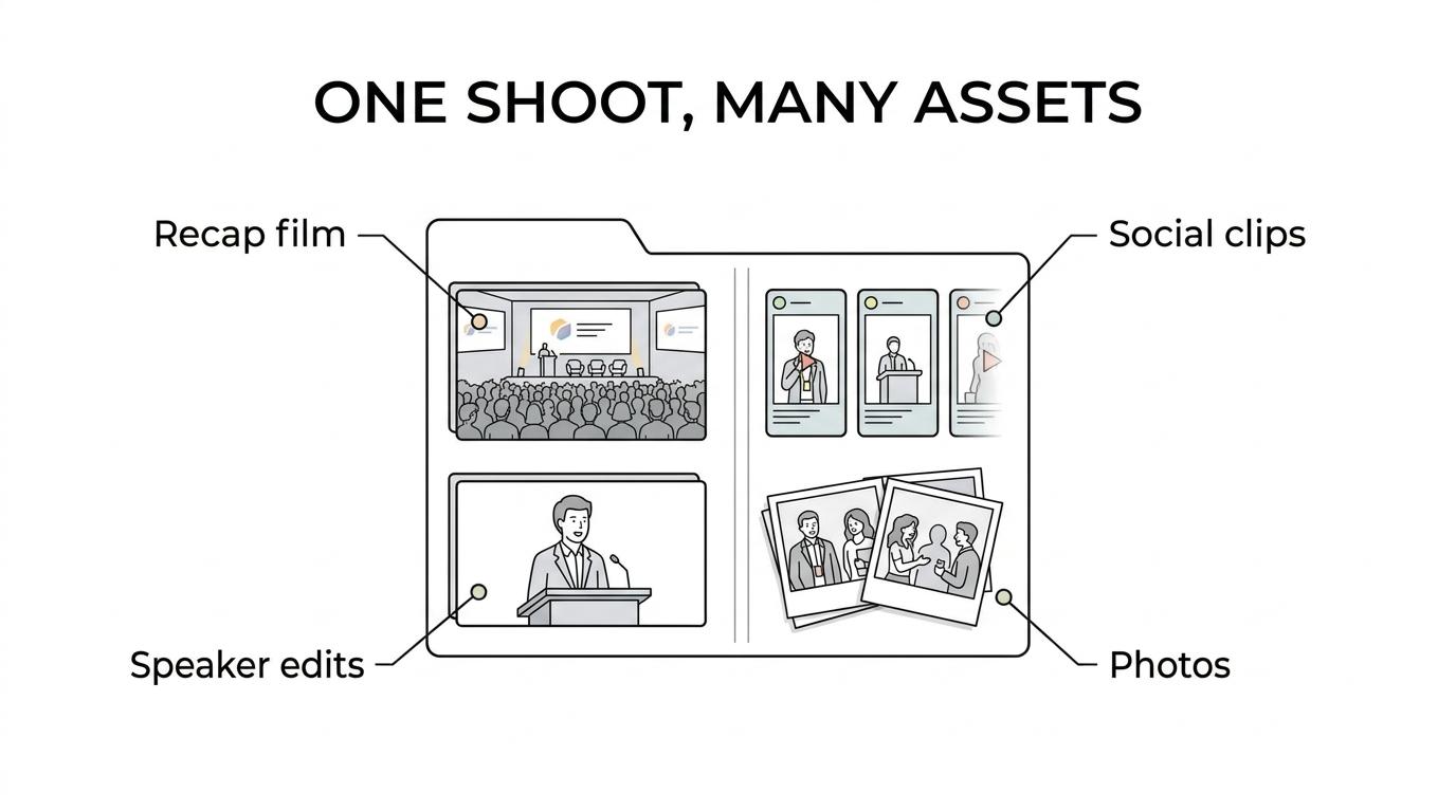 Diagram showing one Edmonton conference video shoot branching into a recap film, social clips, speaker edits, internal content, website video, and photos.