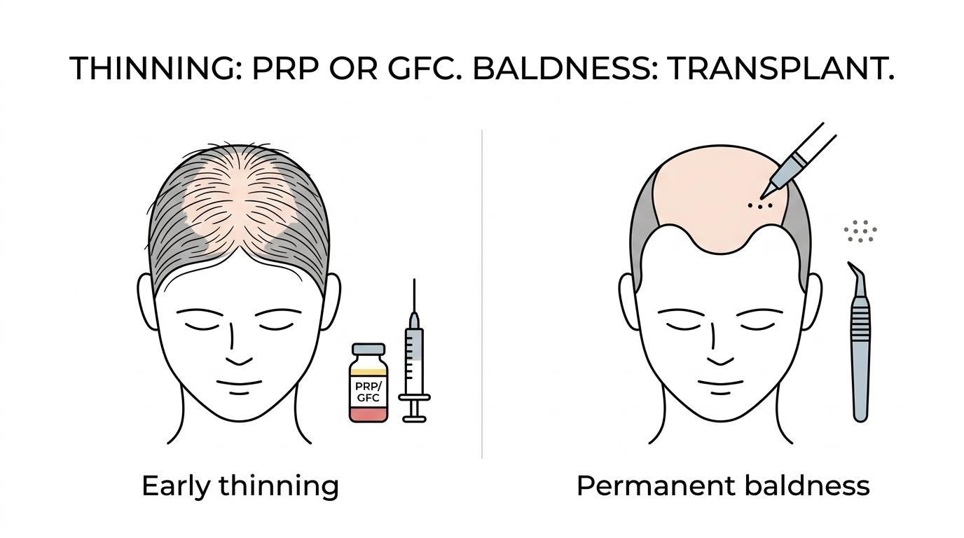 Side-by-side comparison of early thinning suited to non-surgical treatment and permanent baldness suited to transplant planning.