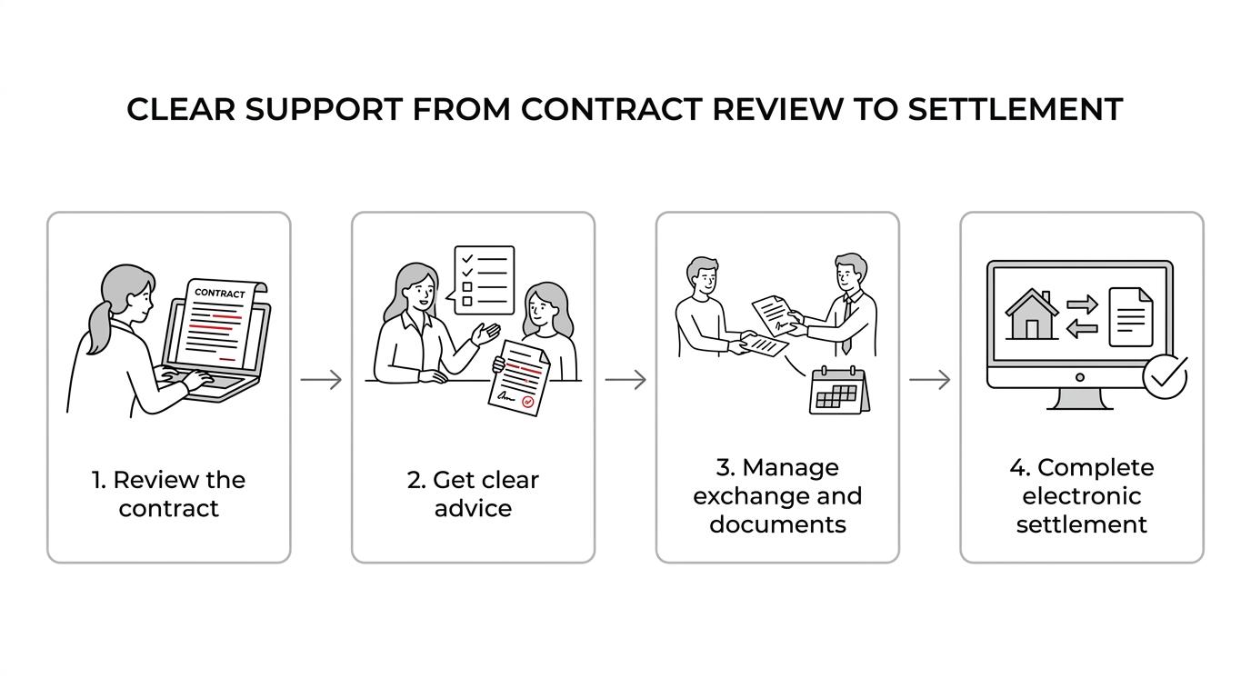 A timeline showing contract review, exchange, cooling-off, settlement preparation, and electronic settlement for an Albury property deal.