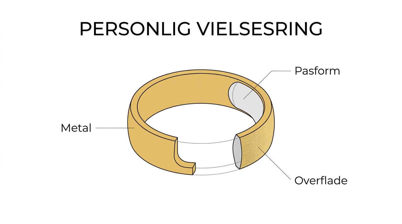 Et par vielsesringe vist med labels for metal, bredde, profil, overflade, sten og indgravering.