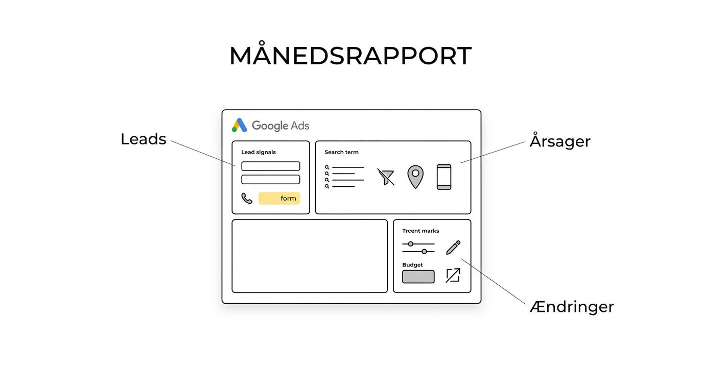 Diagram of a monthly Google Ads report broken into seven labeled parts: leads and CPL, clicks cost and conversions, search terms, negative keywords, geography, device data, and account changes.