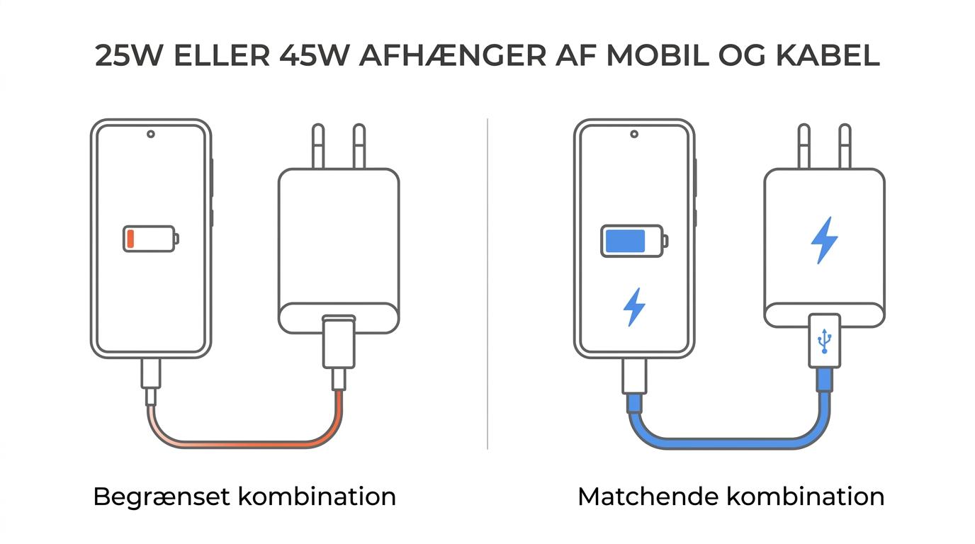 Sammenligning af 25W og 45W Samsung-opladning med Galaxy-modeller, forventet fordel og krav til USB-C-kabel.