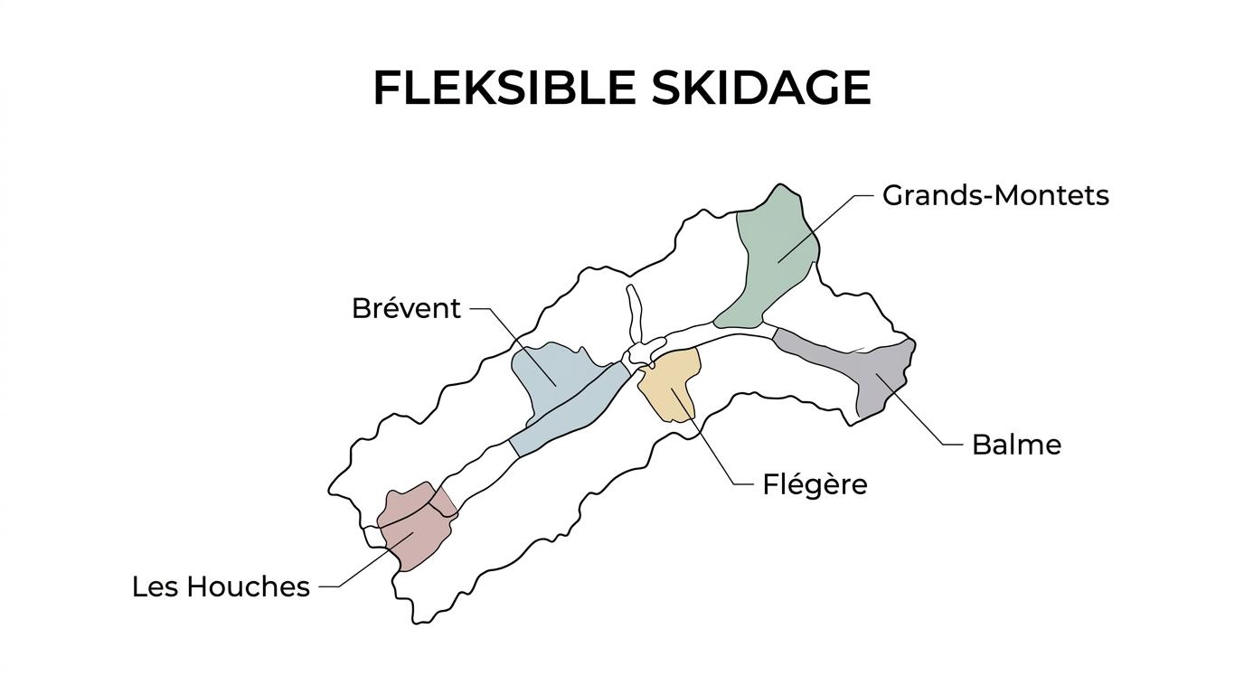 Kort over Chamonix-dalen med Les Houches, Brévent, Flégère, Grands-Montets, Balme og base i Les Contamines.