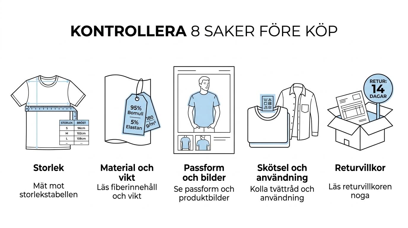 Översikt med åtta kontrollpunkter före köp av T-shirt online: storlek, fiberinnehåll, vikt, passform, tvättråd, returvillkor, produktbilder och användning.