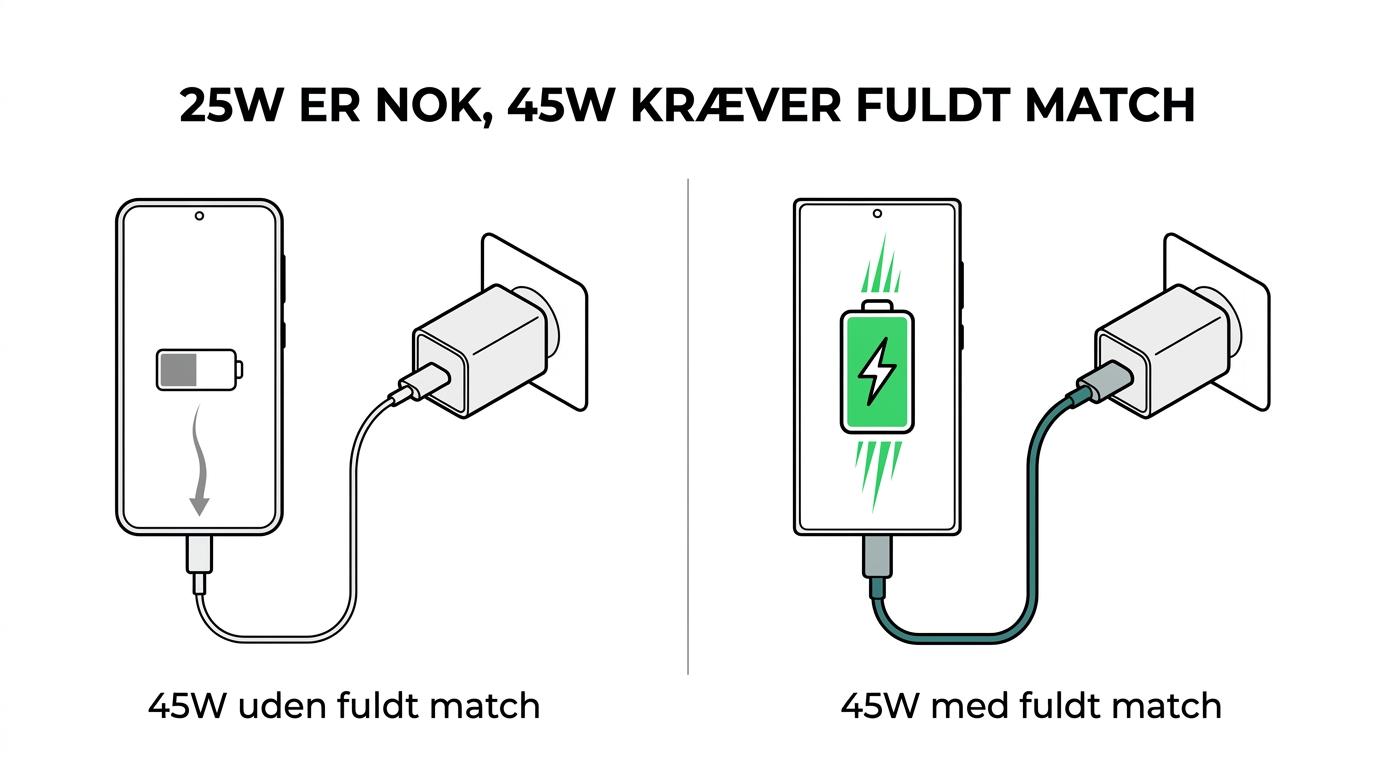Side-om-side sammenligning af Samsung 25W og 45W opladere med forskelle i kompatible Galaxy-enheder, kabelkrav og typiske brugsscenarier.