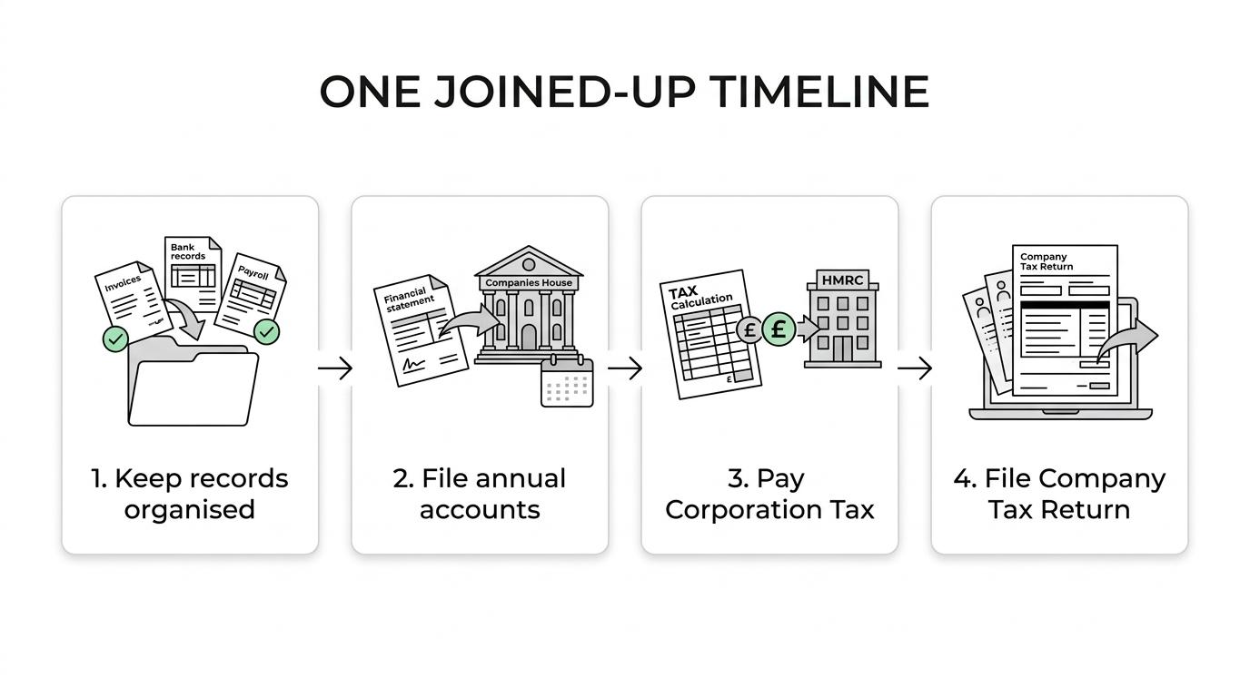 Timeline showing bookkeeping and records feeding annual accounts, Corporation Tax payment, and Company Tax Return deadlines for a UK limited company.
