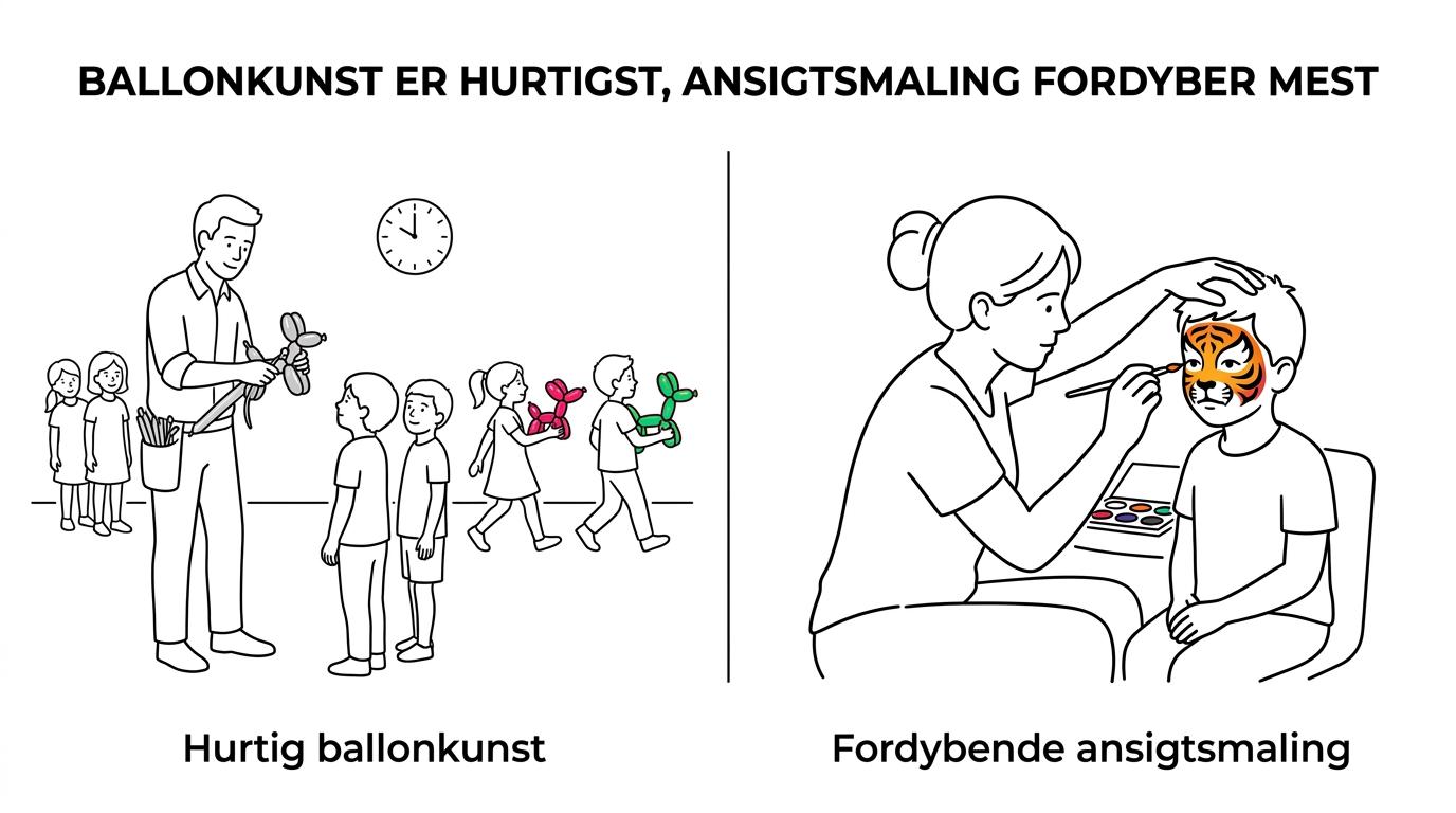 Sammenligning af ballonkunst og ansigtsmaling med forskelle i hastighed, ventetid og bedst egnede festtyper.