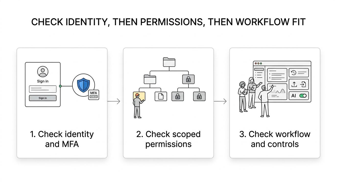 Three-step flow showing identity and authentication first, authorization boundaries second, and operational fit third.