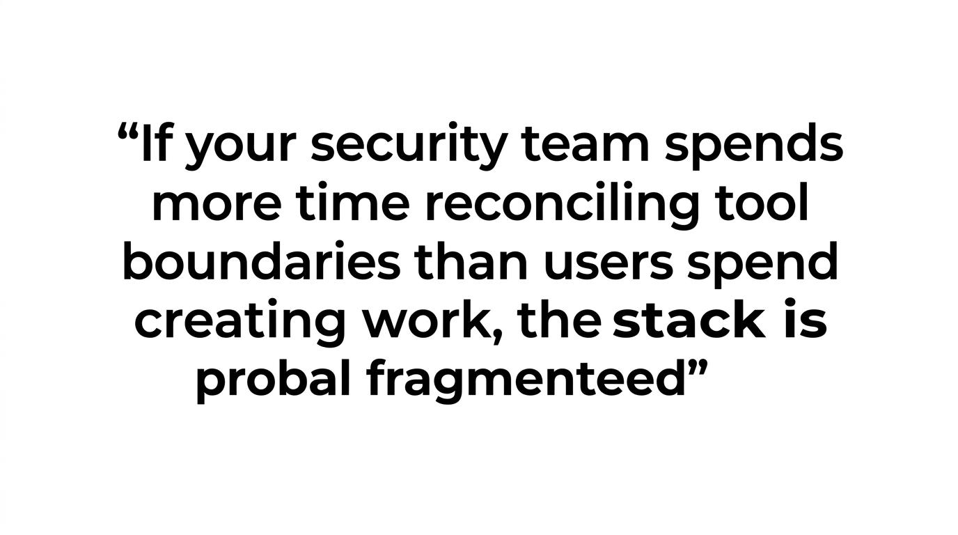 Highlighted quote warning that a collaboration stack is too fragmented when security spends more time reconciling tool boundaries than users spend creating work.