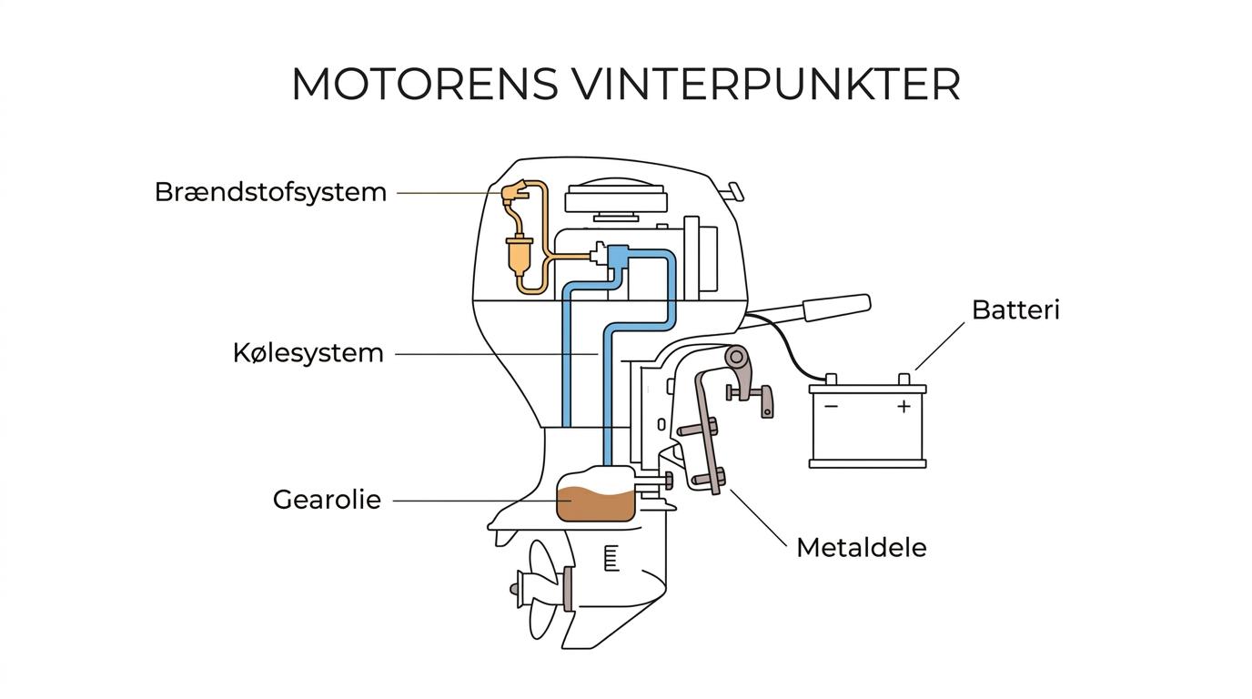 Mærket bådmotor med fremhævet brændstofsystem, kølesystem, olie, gearhus, batteri og korrosionsudsatte metaldele.