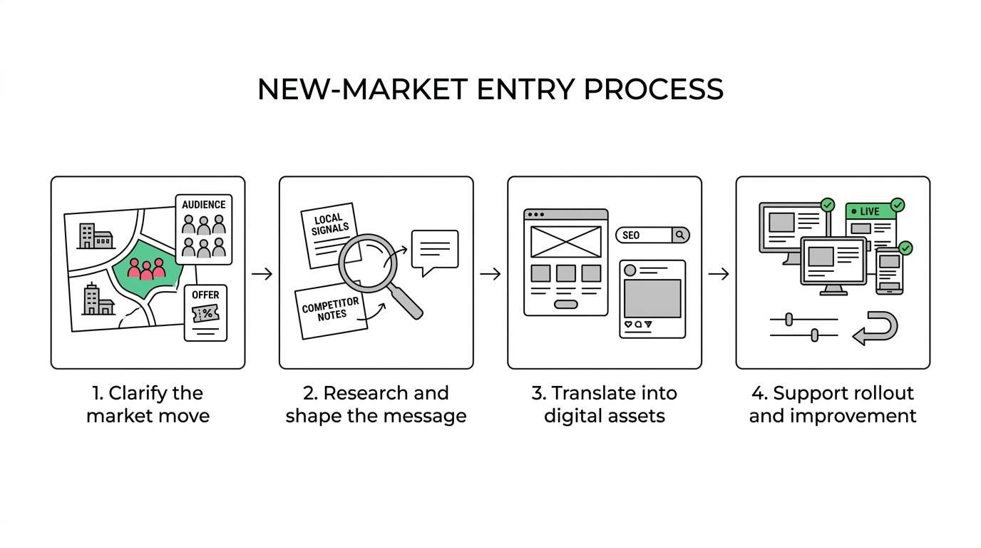 Four-step flow showing Kingzitech’s market-entry brand strategy process from defining the market and researching messaging to creating digital assets and supporting rollout.