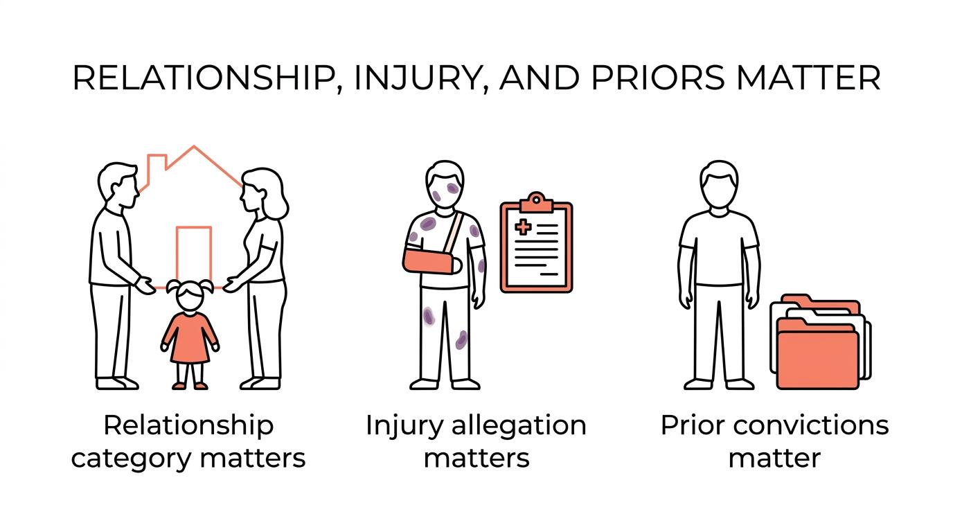 Six labeled boxes summarizing Michigan domestic violence charges: statute, relationship categories, first-offense penalty, repeat-offense escalation, arrest rules, and firearm risk.