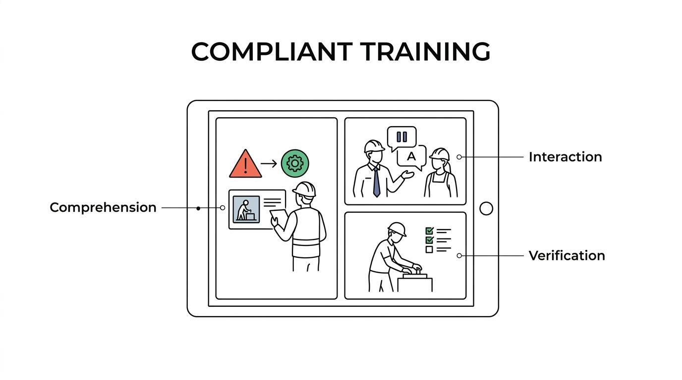 A labeled breakdown of a safety training system showing animation, hazard recognition, controls, supervisor discussion, knowledge checks, and skill verification as connected parts.