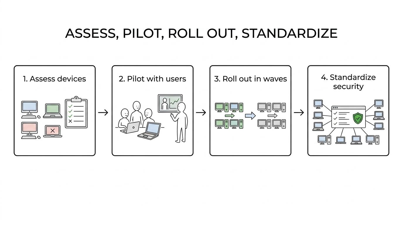Flow showing Windows 11 migration stages: assess devices, pilot users, roll out in waves, and standardize security.