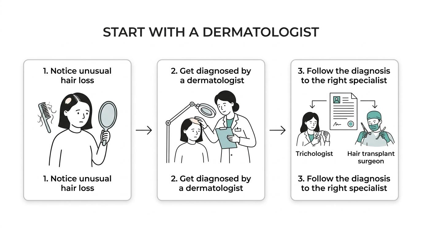 A hair loss decision flow showing unclear hair loss leading first to a dermatologist, then branching to medical treatment, trichologist support, or hair transplant surgery after confirmed stable pattern baldness.