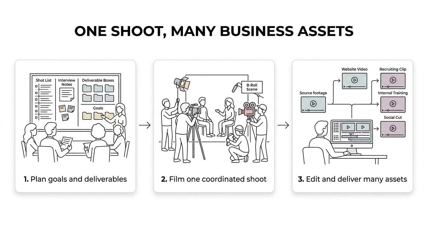 Flow of an in-house corporate video project from planning and scripting through filming, editing, and delivery for web, presentations, and social media.