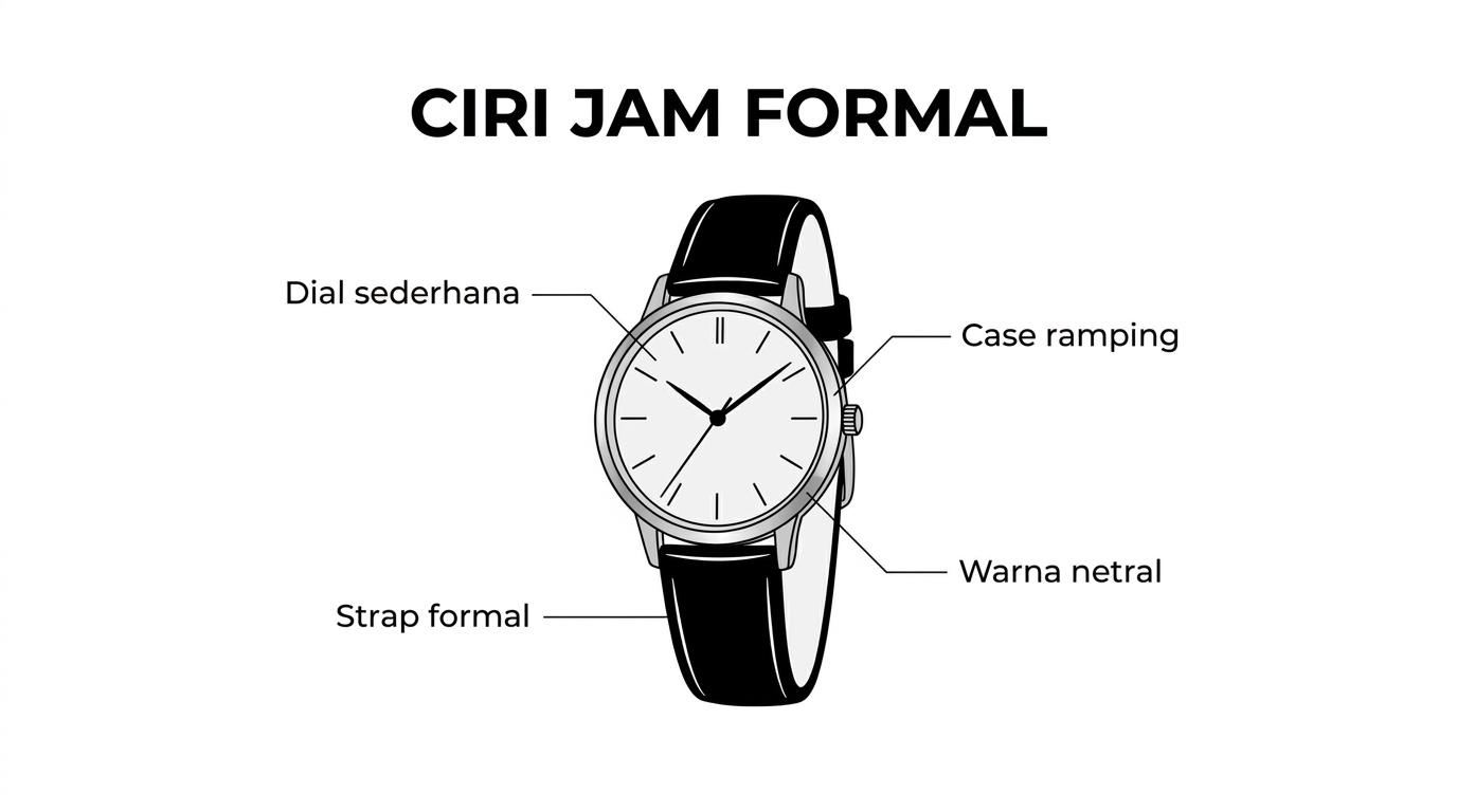 Ilustrasi jam tangan wanita bergaya formal dengan label dial sederhana, case tipis, strap rapi, dan warna netral.