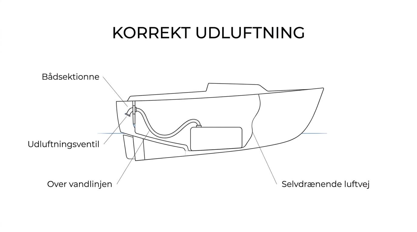 Mærket sideprofil af en båd med udluftningsventil over vandlinjen, slange fra tankens høje punkt og en selvdrænende føring uden vandlommer.