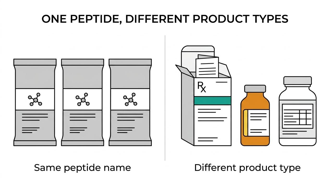 Side-by-side comparison of FDA-approved peptide drugs, compounded peptide drugs, and dietary supplements by review, labeling, and evidence standard.