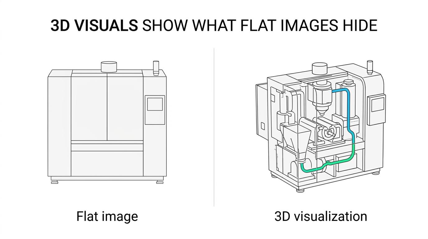 Side-by-side of a flat industrial drawing versus a detailed 3D cutaway visualization of the same machine.