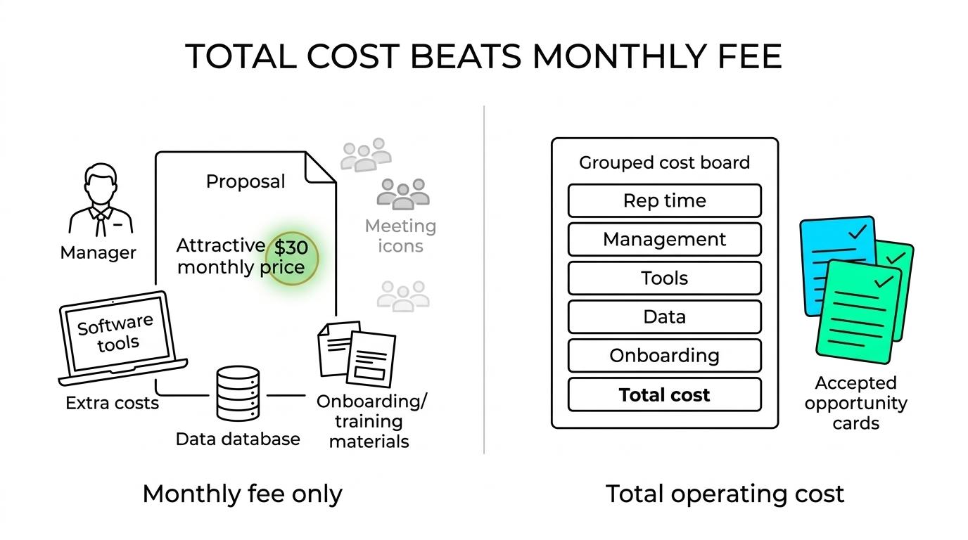Side-by-side comparison of in-house and outsourced BDR cost areas such as hiring, ramp time, management, tools, data, turnover, flexibility, and visibility.