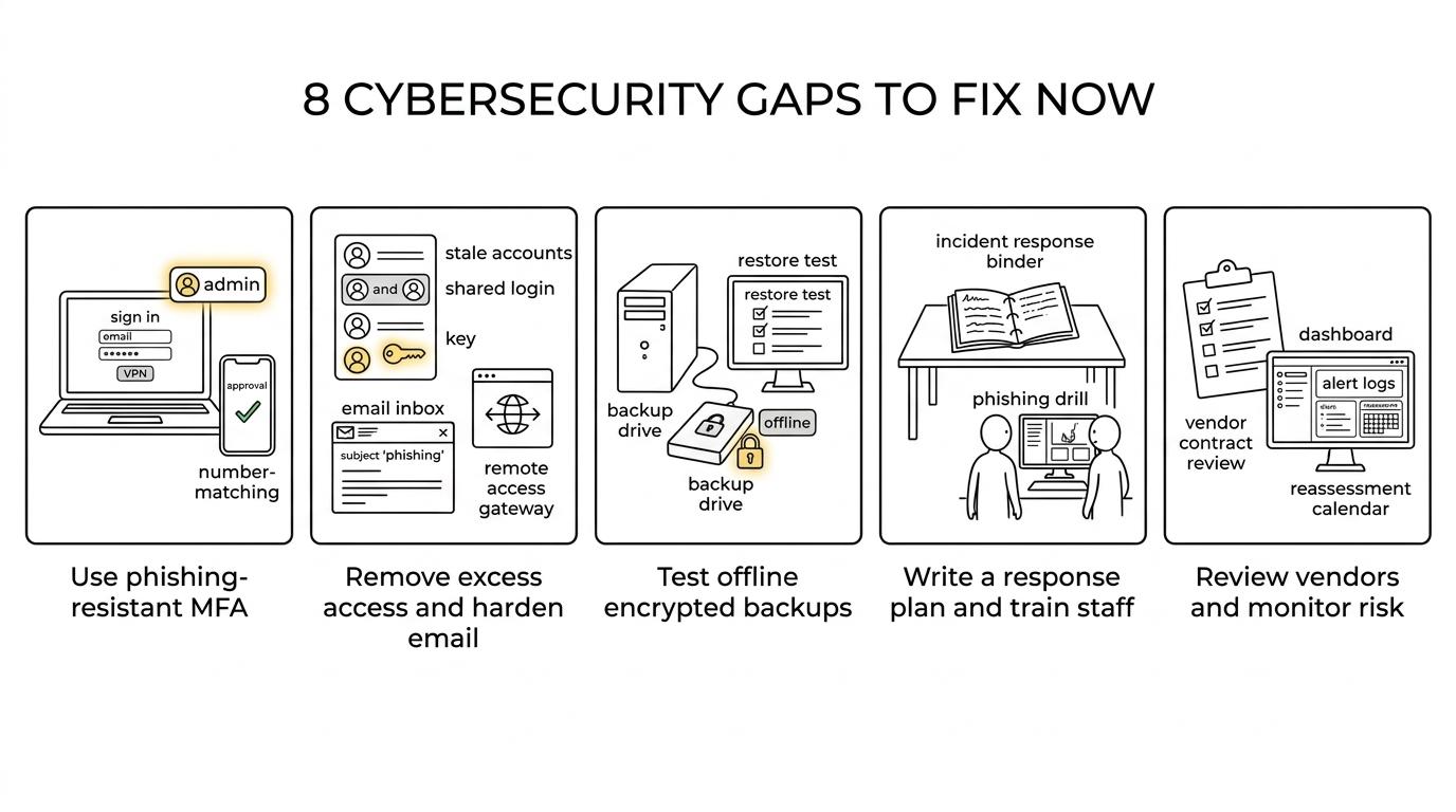 Eight labeled cybersecurity gaps for financial firms, including MFA, access privileges, layered security, backups, incident response, training, vendor oversight, and risk monitoring.