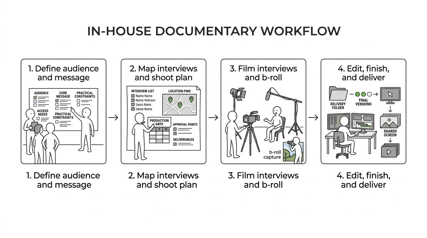 A step-by-step documentary production workflow showing planning, filming, post-production, and final delivery handled by one in-house team.