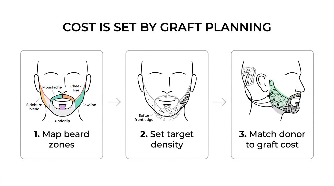 Flowchart showing how a beard transplant quote is built: map beard zones, set density goals, assess donor hair, estimate graft count, then calculate total cost.