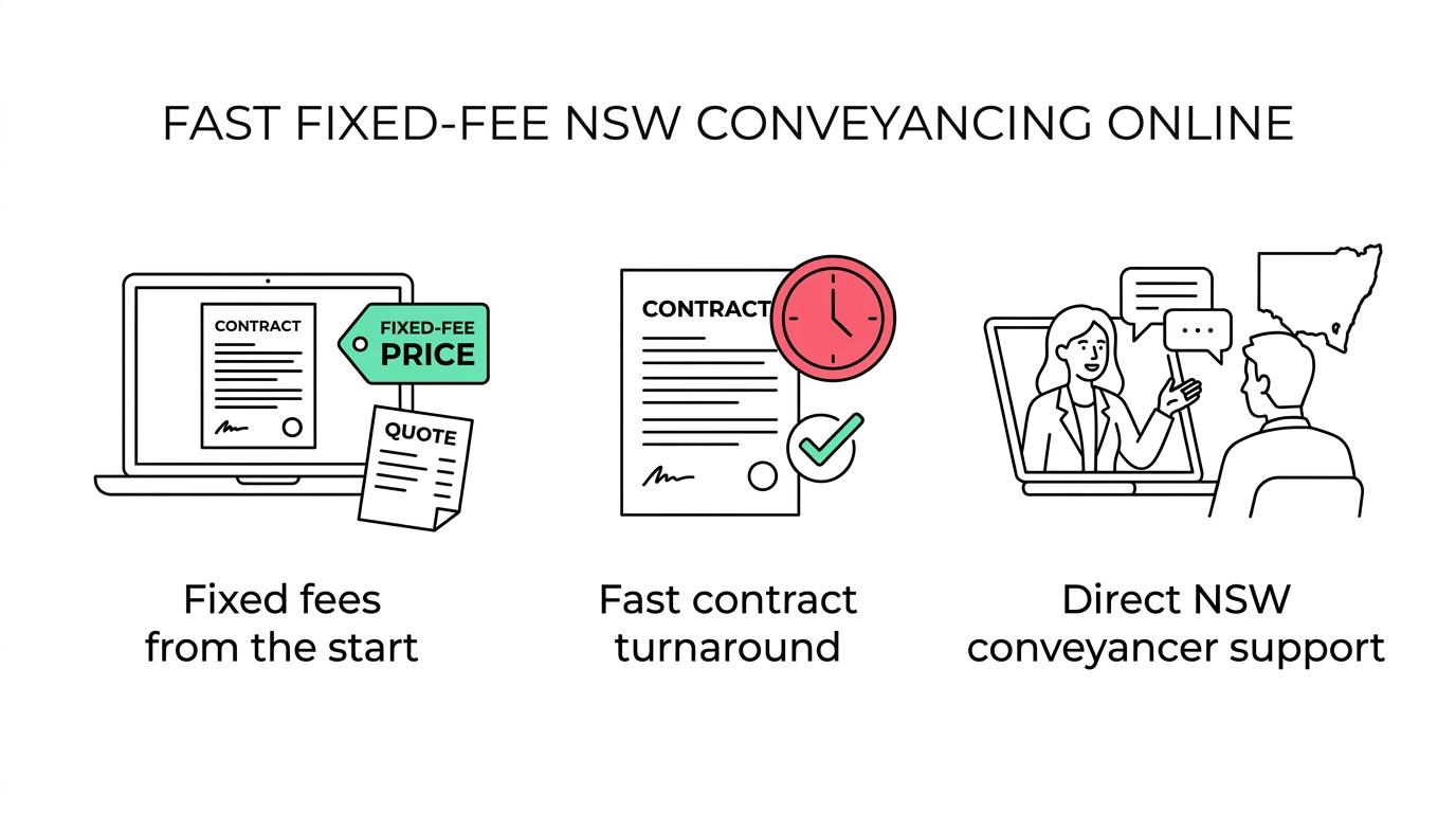 A grouped visual highlighting fixed fees, 24 to 48 hour contract reviews, same-day seller contracts, online NSW conveyancing, and direct licensed support.