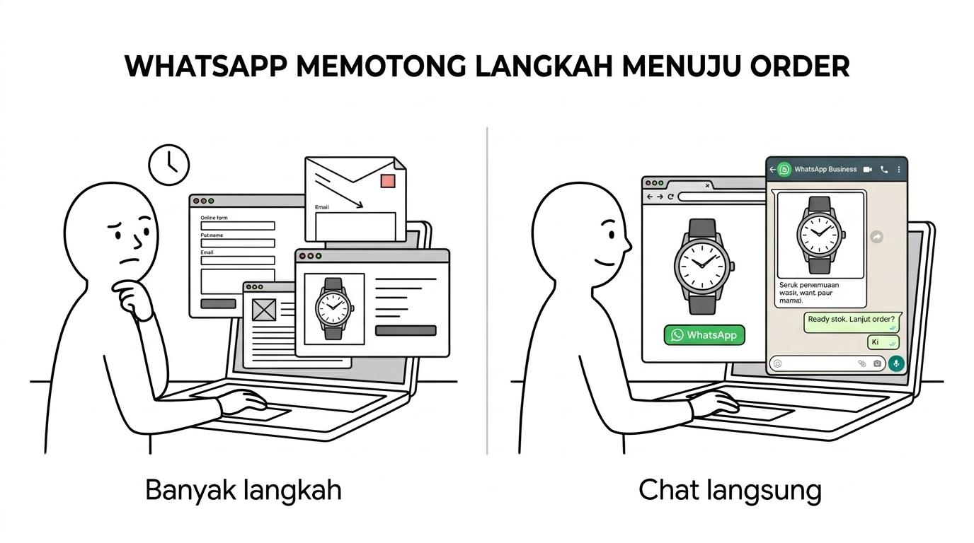Perbandingan jalur beli jam tangan dari homepage: WhatsApp langsung ke chat, marketplace lewat aplikasi toko, dan form situs lewat beberapa langkah tambahan.