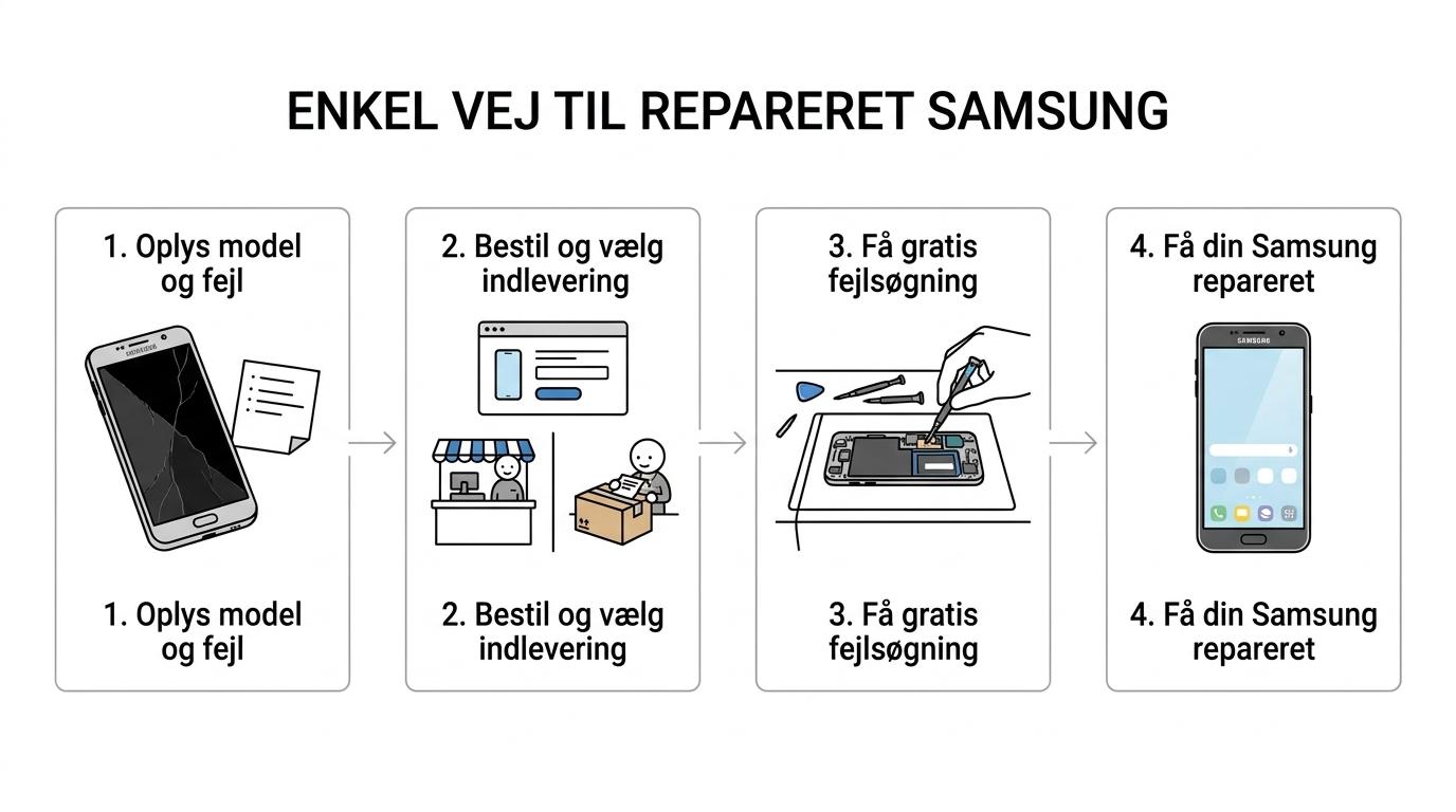 Procesgrafik, der viser Samsung skærmskift fra gratis fejlsøgning og vurdering til indlevering, reparation og ny beskyttelse.