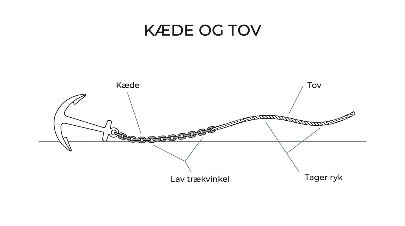 Labeled anchor setup on a boat showing anchor, chain, rope section with possible lead core, and connection toward the bow.