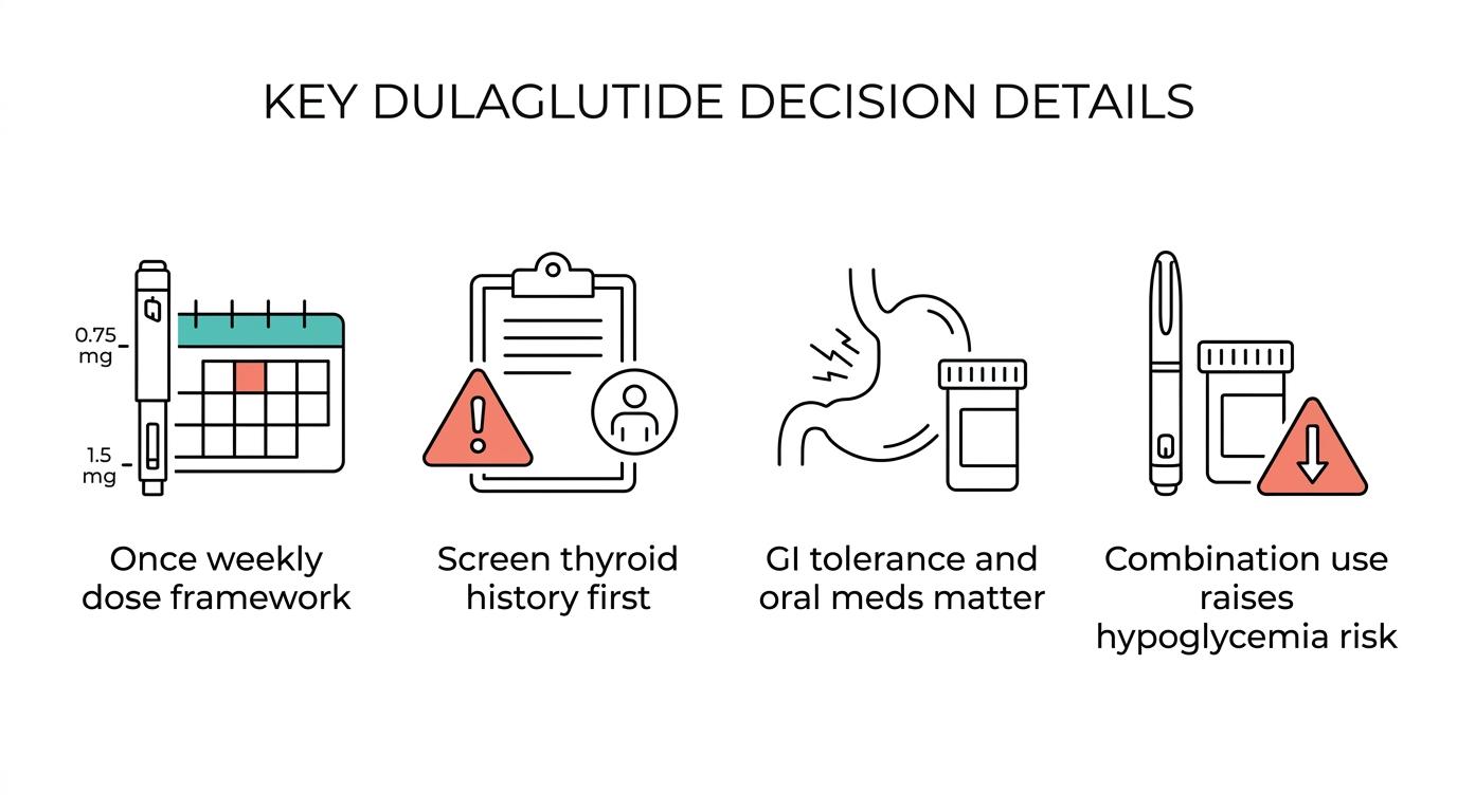 A grouped visual summarizing dulaglutide dosing, boxed warnings, GI side effects, and medication interaction risks.