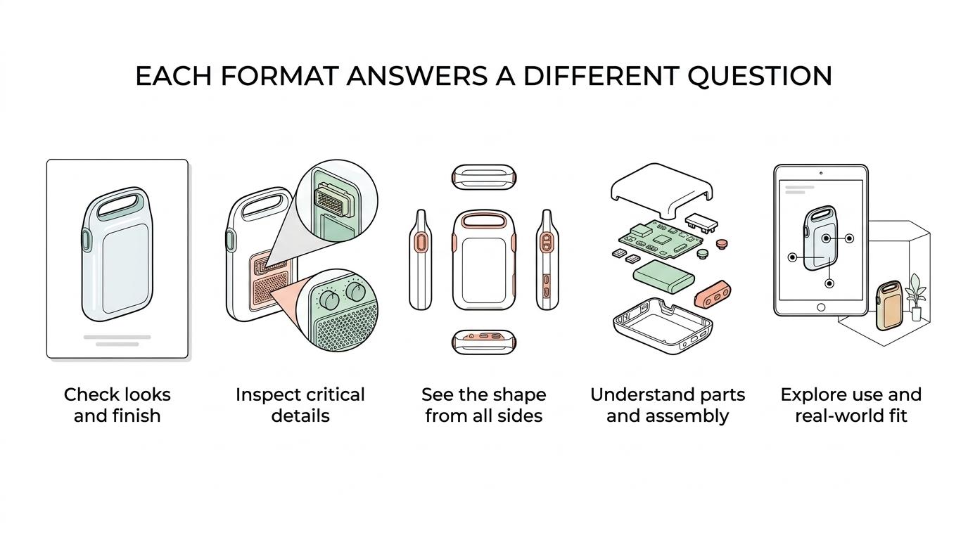 Six labeled product rendering formats paired with the buyer questions they are best suited to answer.