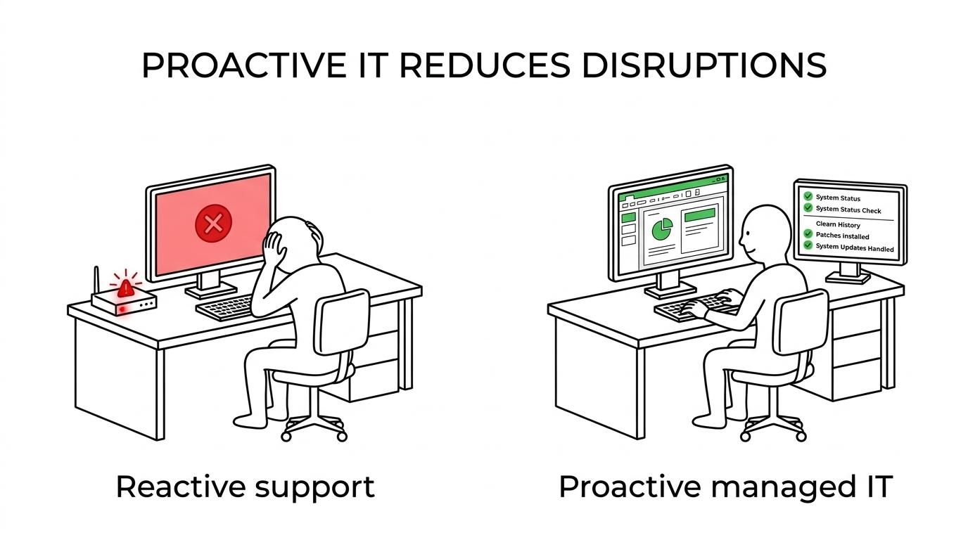 Side-by-side comparison of reactive break-fix IT support versus proactive managed IT with monitoring, security, and strategic guidance.
