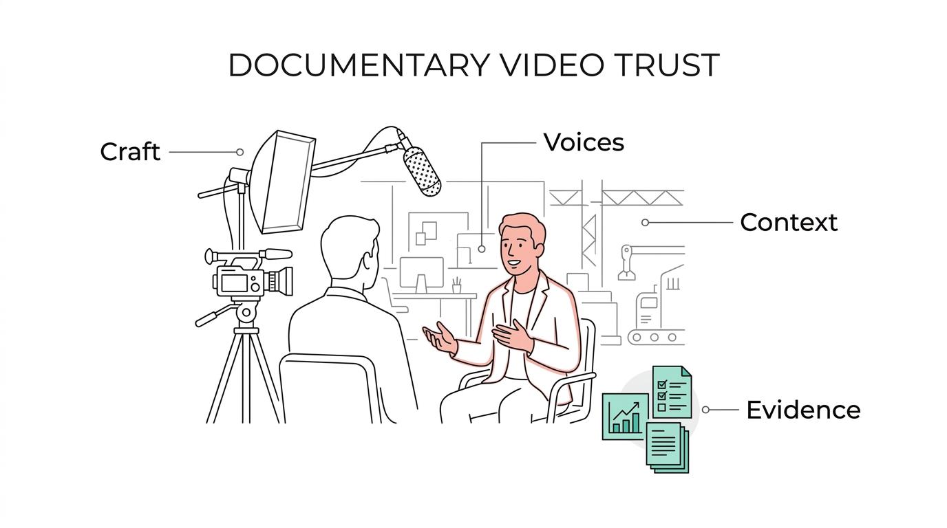 Diagram of a documentary-style B2B video with labeled parts such as real voices, visible context, verifiable detail, and cinematic craft.
